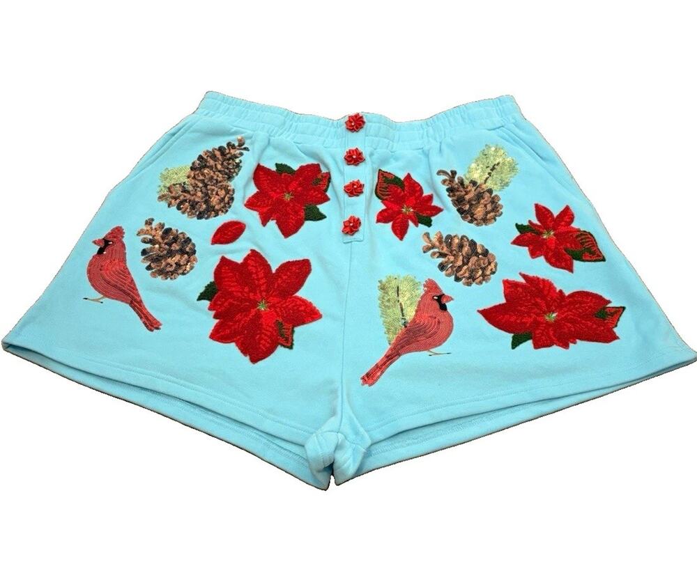 Queen of Sparkles $150 Aqua Poinsettia Cardinal Pine Cone Sequin Shorts XXL